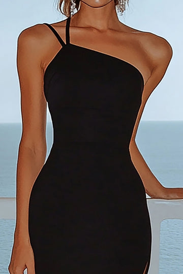 Black Satin Sheath One Shoulder Long Formal Dress with Slit